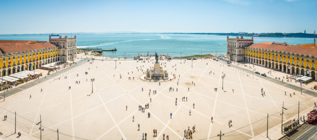 Lisbon aerial panorama over Praco do Comercio waterfront square Portugal